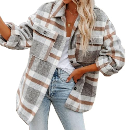 Veste Chemise à Carreaux en Flanelle pour Femme Manches Longues Coton Classique Blouses Boutonnées avec col boutonné pour Femme