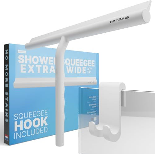 Minismus Limpia Mamparas Ducha Cristal de Silicona para Puertas y Ventanas – Rasqueta Limpiacristales Ducha, Baño y Espejos – Limpiador Mamparas Ducha con Colgador sin Taladrar (Blanco, 33 cm)