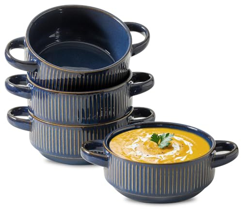 Howise Soup Bowls with Handles, 23 oz French Onion Soup Crocks, Stackable Soup Bowl Oven Safe for Chili, Beef Stew, Embossment Ceramic Bowl Set - 5.4 Inch, Set of 4,Blue