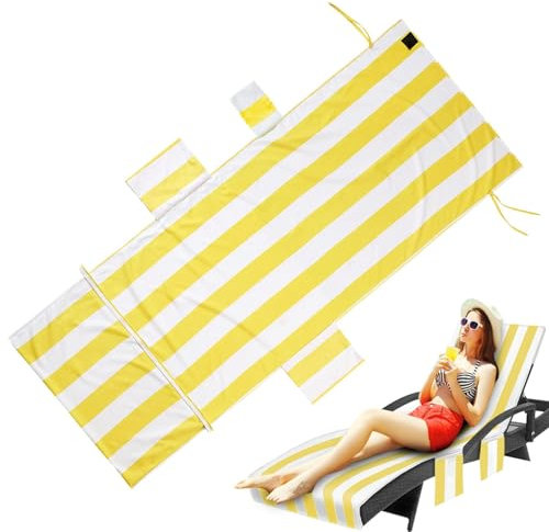 Générique Beach Chair Towel Cover, Stripe Pool Chair Towel, Soft Lounger Towel, Sunbathing Pool Chair Towels, Beach Chairs Towels Cover with Pockets for Added Convenience, Perfect for Sunbathing