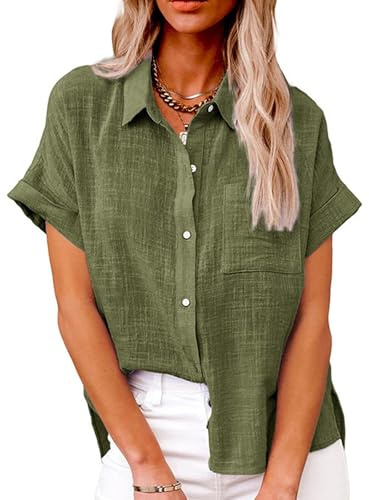 Decorie Camicia Donna Estiva Blusa Donna in Cotone Camicette Top Donna Elegante (Verde,M)