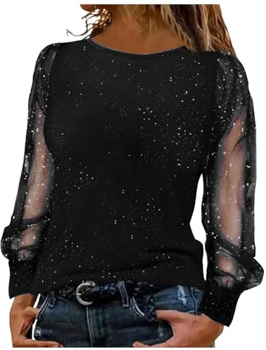 Pamqsen Glitzer Oberteile Damen Elegante Festliche Blusen Langarm Spitzen Pailletten Shirt Sexy Mesh Silvester Outfit Pailletten Oberteil Schulterfrei Glitzer Langarmshirt Tunika