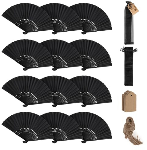 SWAWIS 28 Piezas Abanicos de Tela Negro, Abanico Plegable con 30 Bolsas de Organza y Tarjetas de Agradecimiento, Ventiladores de Bambú para Bodas Bautizos Decoraciones Fiestas DIY