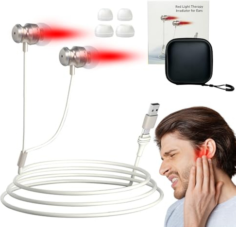 Red Light Therapy Device for Ears, 650nm USB Rechargeable Ear Therapy for Tinnitus Relief & Improved Blood Circulation, Includes 2 Pairs of Ear Canal Silicone Covers (White)