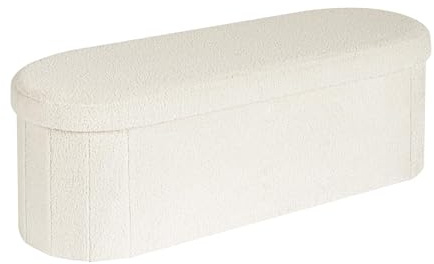 PINPLUS Banco Taburete con Almacenamiento, Baúl Plegable con Asiento Tapizado en Tejido Bouclé, para Salón, Dormitorio, Pasillo, 110x38x38cm, Blanco