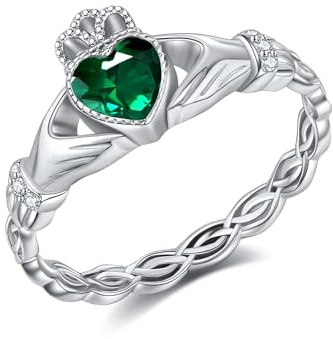 DAYLINLOVE Claddagh Bague pour femme en argent sterling 925 avec émeraude Claddagh Nœud celtique Promesse Bague de mariage fiançailles celtique irlandais Cadeau pour femme femme épouse, Métal précieux