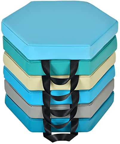 LIFEZEAL Stuhlkissen 6er Set für Kinder, Sitzkissen aus Schaumstoff und PU, Mehrfarbig Bodenkissen stapelbar mit Griff, 38 x 34 x 5 cm, für drinnen und draußen, Hexagon (Blau + Mehrfabrig)