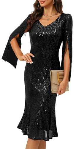 COOAN Pailletten Cocktail Formal Kleider für Frauen,Hochzeiten Gast Abend Party Kleider Slim Midi Fishtail Kleid