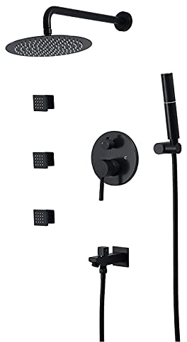 Système de douche à effet pluie noir de 25,4 cm avec bec de baignoire, ensemble de robinet de douche mural en laiton 2 en 1 et pommeau de douche à effet pluie, ensemble combiné luxueux pour salle de