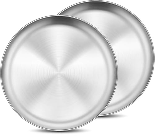 Bhina 2 Pièces Gold Plats de Service en Inox Plateau Assiettes Rondes en Acier Inoxydable Plates Assiettes en Acier Plateau Acier Inoxydable pour Camping, Excursionisme, Picnic, BBQ (34cm)