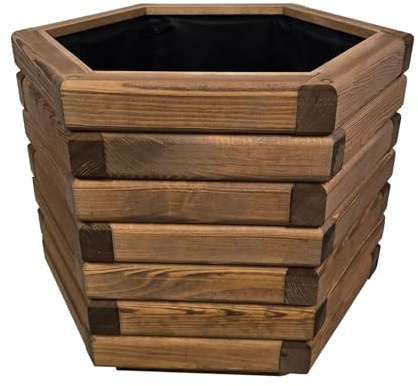 HolzGarden Pflanzkübel Holz 50x40x43 cm Imprägniert Farbe Teak Wetterfest Blumenkasten Blumentopf Groß Außen Balkon Garten Pflanzkasten Sechseck 57l Serie FORNEA