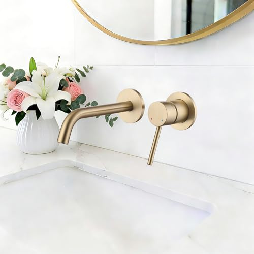 Weshi Bathroom Faucets Wall Mount Brushed Gold Bathroom Basin Faucet - Single Handle Vanity Tap - Curved Wall Spout Sink Faucet with Rough-in Valve