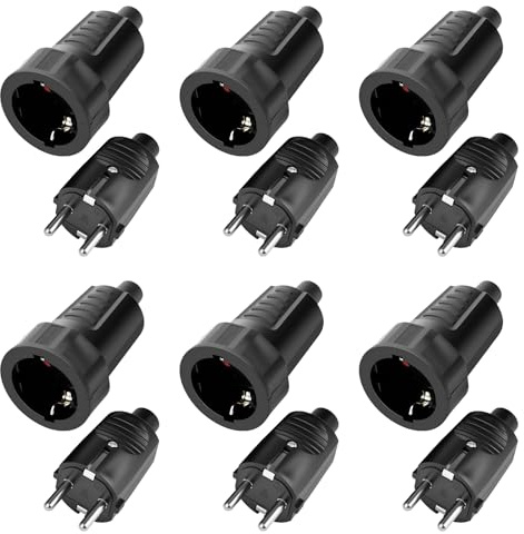 6 Paar Schuko Stecker Kupplung, 250V 16A Schutzkontakt Stecker, Gummistecker Kupplung, 2-polig Aussen Gummi Schukokupplung Set, Wasserdicht Schukostecker für Außenbereich, Schwarz
