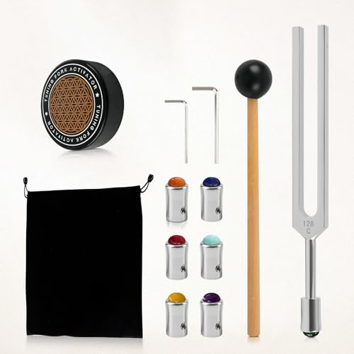 Stimmgabeln zur Heilung, 128 Hz, 1 körpergewichtete Chakra-Stimmgabel mit 7 Kristall-Edelstein-Stiefel, Schlägel und Aktivator für Meditation, Klangtherapie, Biofeld-Harmonisierung
