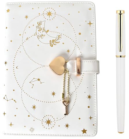 Ziyonix A5 Cuore Lucchetto Diario Notebook con Chiave, 192 Pagine Diario in Pelle Vintage con Serratura Starry con Blocco Notebook diario Ragazze Blocco Segreto con Penna per Ragazze Ragazzi (Bianco)