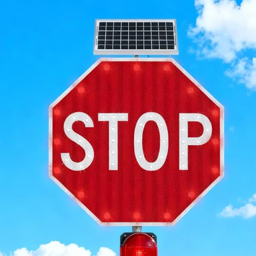 Giuggiolared Segnale di Stop per Garage con LED Lampeggianti e Cartello Stradale in Alluminio, a energia Solare, Antivento, Impermeabile, con Pellicola Riflettente, per Installazione Rapida