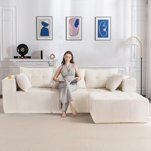 MAXYOYO Corner Sofa with Cup Holder, Boneless Couch with Memory Foam Deep Seat, Jumbo Corduroy Modular Sectional Sofa Convertible for 3/4 Seater, No Assembly Required