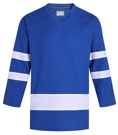 Pullonsy Blue Hockey Practice Jerseys for Men Women Long Sleeve Hockey Shirts Athletic Retro Tops New Year Apparel Royal Jersey-White Stripe, Men Size Medium