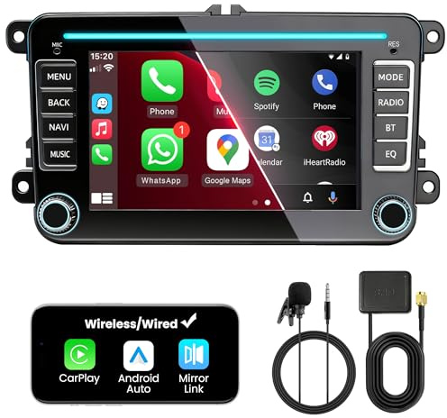 FLUXEONS Doppel DIN Bluetooth Autoradio mit Bildschirm für VW Golf 5 6 T5 Polo 6R Caddy Passat Touran, Skoda, SEAT, Wireless CarPlay Android Auto Mirrorlink, 7 Auto Radio, 4+64GB, WLAN DAB+ FM GPS