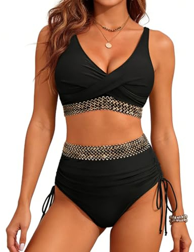 High Waisted Bikini Sets for Women Tummy Control Swimsuit 2-Piece – with Flattering Ruching & V-Neck, Adjustable & Removable Padded for Beach Vacation