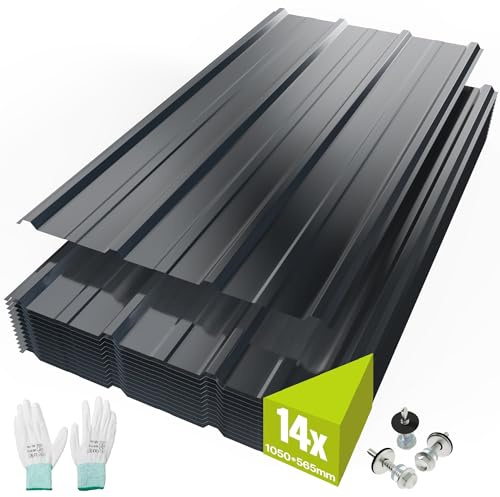 Mondeer 14PCS Roofing Sheets, 8.3m² Galvanised Steel, 105 x 56.5 cm, Metal Corrugated Trapezoidal Grooved Roof for Outdoor Storage, Bin Store & Bike Shed, Includes Gloves and Screws, Dark Grey