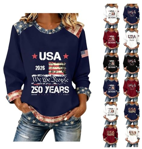 Cltopsku 250th Anniversary USA Shirt Women America 250 Shirt Plus Size Long Sleeve Patriotic Flag Print Tops 1776-2026 Crewneck Pullover Patriotic Ladies' 250th Anniversary Oversize Clothes Navy3 S