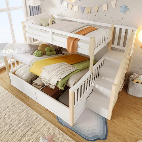 TOBIDOEN Letto a castello da 90 x 200 cm e 140 x 200 cm, con cassetto, scala portaoggetti e ringhiera di sicurezza rialzata, struttura in legno MDF durevole, salvaspazio, senza materasso, bianco +
