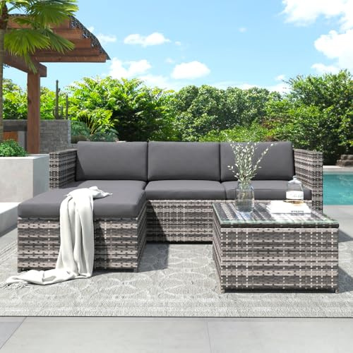 Hmluxury Polyrattan Loungesofa Garnitur Gartenmöbel Set mit Sitzkissen, Rückenkissen und Glas Couchtisch, Grau, Outdoor Balkon Terrasse Sofagarnitur