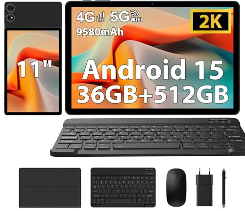 MIVASOLO Tablette 11 Pouces Android 15 Tablette Tactile avec 4G LTE/5GWLAN,36GB+512GB/OctaCore/9580mAh/13MP+8MP/GMS,Étui,Tablet avec Clavier,Noir