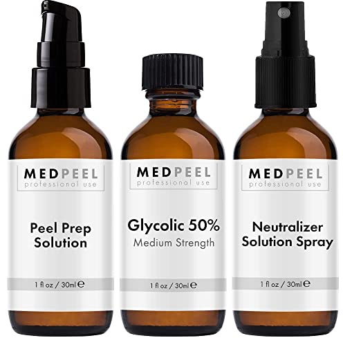 MedPeel Glycolic Acid 50% Essential Peel Kit, Includes: Prep, Neutralizer, Medium Strength Chemical Face Peel, Minimize Fine Lines, Wrinkles, Dark Spots, All Skin Tones, 1oz/30ml (Kit of 3)