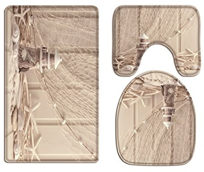 A.Monamour Fondos Beige Red De Pesca Estrella De Mar Faro De Madera Impresión De Franela Conjunto De Alfombra De Baño Antideslizante Alfombrilla De Baño Tapas De Inodoro Y Cubiertas De Cisterna