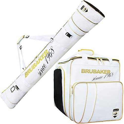 BRUBAKER Kombi Set Grenoble - Skisack und Skischuhtasche für 1 Paar Ski + Stöcke + Schuhe + Helm - Weiß Gold - 170 cm