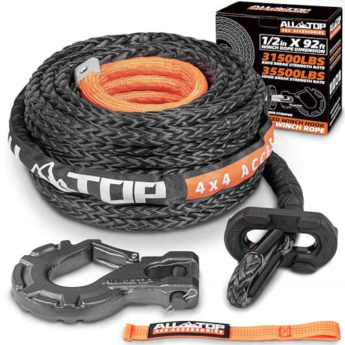 ALL-TOP Synthetic Winch Rope w/Hook & Isolator, 1/2in x 92ft, 31500Lbs UHMWPE Cable Replace Kit, Forged Hook & Rubber Stopper & Safety Pull Strap