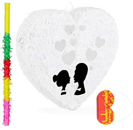 3 tlg. Pinata Set Hochzeit, Herzpinata zum Aufhängen, Pinatastab, weiß | Augenmaske, Hochzeitspinata Papier mit Zubehör