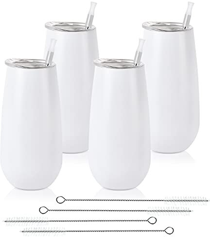 Lot de 4 verres à champagne sans pied isothermes à double isolation – Verres à champagne réutilisables avec couvercle – Flûte à champagne sans pied – 177 ml (blanc)