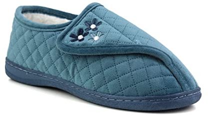Dr Keller Womens Ladies Quilted Velour Faux Fur Lined Winter Warm Wide Opening Diabetic Orthopaedic Slippers (7, Green, numeric_7)