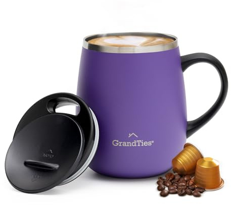 Grandties Isolierter Kaffeebecher mit Griff – Schiebedeckel für spritzwassergeschützte 473 ml -Form Thermosbecher mit doppelwandigem Vakuum-Edelstahl, hält Getränke heiß & kalt – Sparkling Grape