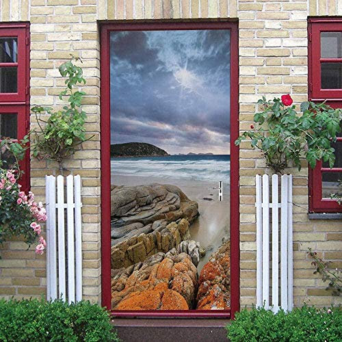 Art Wandtattoo Strand Felsen Sonnenuntergang Meereslandschaft 95X215Cm 3D Kreative Türaufkleber Selbstklebend Türposter Schlafzimmer Haus Bad Wasserdichte Türtapete Wohnzimmer Deko Wandbild Wa