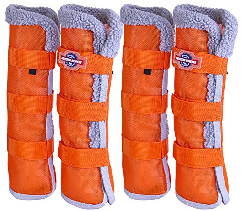 Harrison Howard Horse Fly Boots Sommer Protection mit Fleece Besatz zur Vermeidung von Reibung Bequemer und belüftender Mesh Beinschoner 4er Set Vibrant Orange M