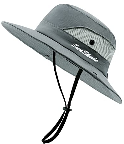 SEYUFN Damen Sonnenhut Outdoor Sommer Wanderhut Damen UV-Schutz Bucket Cap Faltbar Mesh Pferdeschwanz Breite Krempe Zum Safari Angeln (A-Pures Grau)