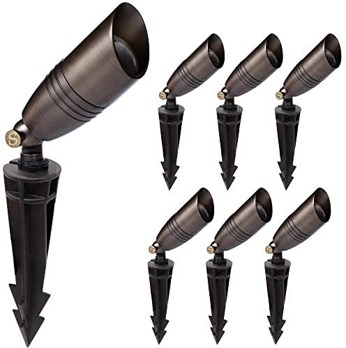 Solid Brass Low Voltage Landscape Spotlight Directional Spot Up Light in Antique Brass Finish with Ground Spike and Waterproof Grease Cap Wire Connectors (6 Set)