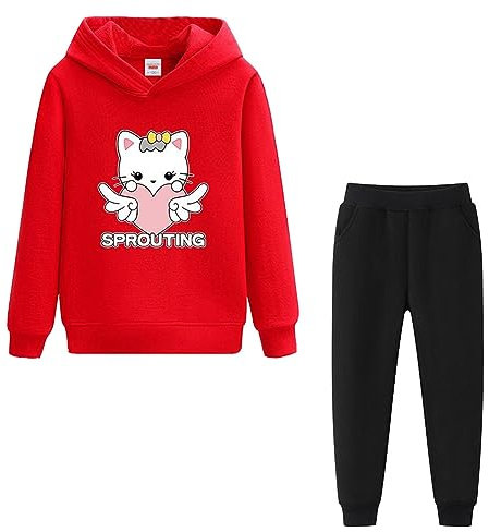 LSHDCER Jogginganzug Mädchen Freizeitanzug 2tlg Bekleidungsset Kinder Sportanzug Trainingsanzug Outfit-Set Sweatjacke & Sweathose, Rot+Schwarz A, 134-140 (Etikettengröße: 140)