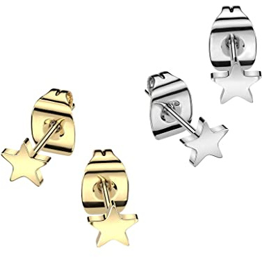 Paula & Fritz® 2 Paar Ohr-Stecker Stern Gold Silber 4,5-mm Titan-ium Grade 23 11-mm Lang Butterfly-Back Ohr-Ring Damenohr-Ring Herren Standard Lobe