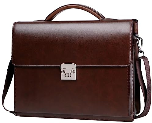 VKEID Men's Messenger Bags Men's Combination Lock Briefcase Diagonal Bag Leather Laptop Business Bag Men's One Shoulder Messenger Bag Casual Messenger bag (Color : Auburn, Size : 38X8X29cm)