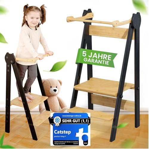 practical living e* Torre di apprendimento Montessori salvaspazio e regolabile in altezza in bambù per bambini a partire da 1 anno (pieghevole) Learning Tower, sgabello per bambini
