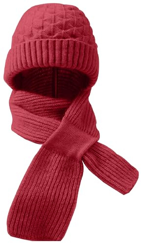 AWAVM Integrerat öronskydd vindtät keps halsduk, huva halsduk kvinnor, vinter varm stickad mössa halsduk, tjockare mössa hatt halsduk, kvinnor kallt väder set, Röd, one size