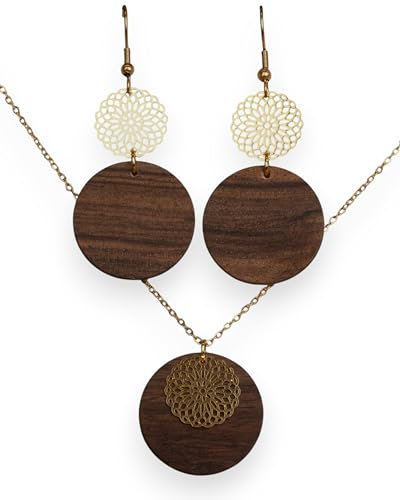 Astwerk Holzschmuck Schmuckset Oriental mit Ohrringen und Halskette aus Nussholz und vergoldeten Edelstahlelementen, Handmade Schmuck, Elegant und auch für den Alltag, Leicht