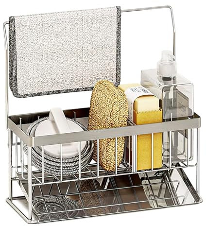 Cimvidi Spülbecken Organizer, Küchenregal mit Ablaufschale Schmaler Schwammregal Edelstahlspüle Aufbewahrungsbox mit Stoffregal Geeignet für Küche Bad Balkon