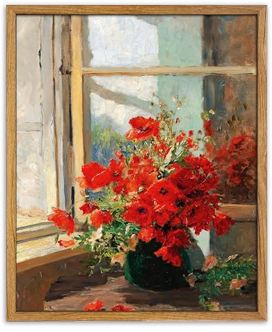 UPWOIGH Red Poppies Framed Wall Art,12x16in Vintage Wall Art,Rustic Window Painting,Modern Farmhouse Decor,Red Flowers Print, Floral artwork,Antique Wall Decor for Bedroom Bathroom Office,1Pack Gift