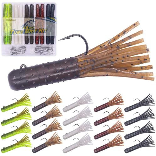 Tube-Baits-for-Bass-Fishing-Lures-Soft-Plastic-Bait-Worm-Tube Jigs Kit with Smallmouth Large Mouth Bass Lake Trout (3.5 inch Tube Baits 32 pc. Kit)